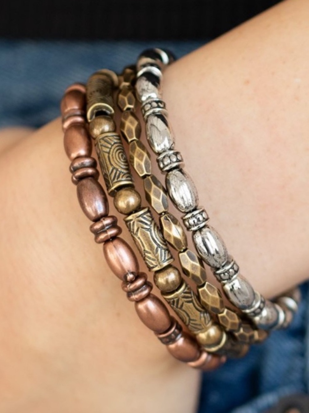 Tri-Tone Metal Beaded Stack Bracelet Set